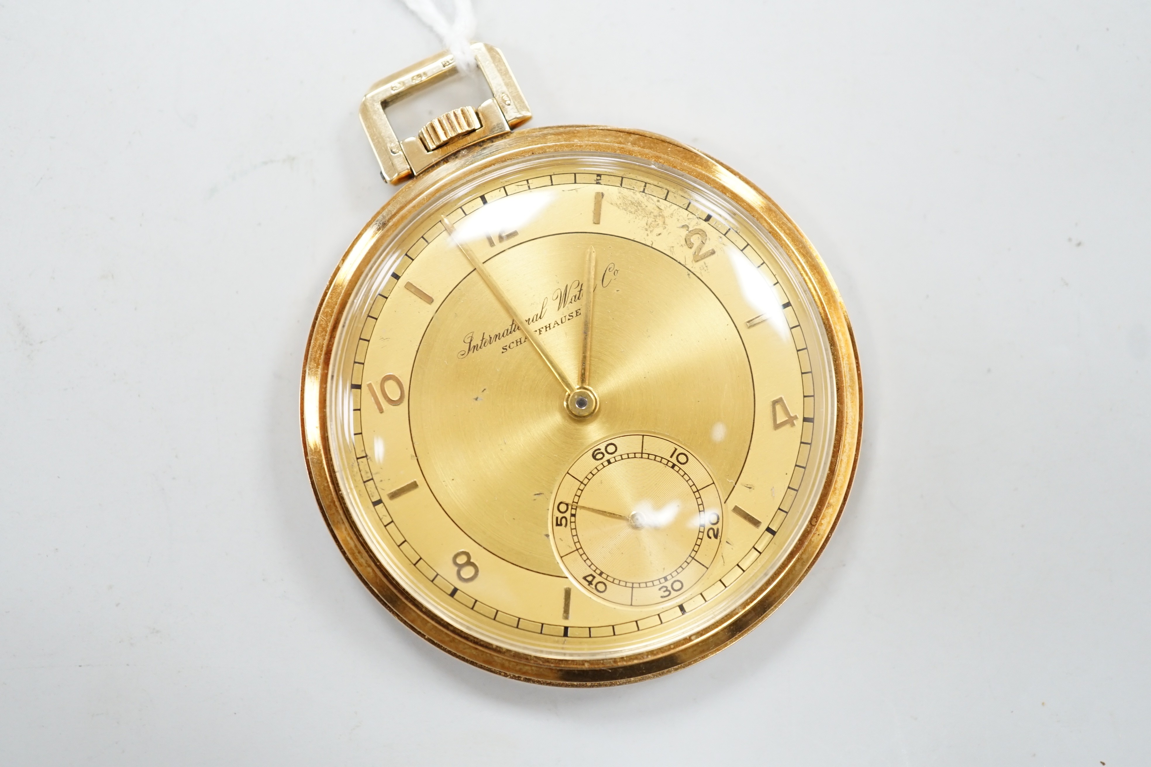 A 585 yellow metal IWC open faced keyless dress pocket watch, 44mm, gross 50.3 grams.